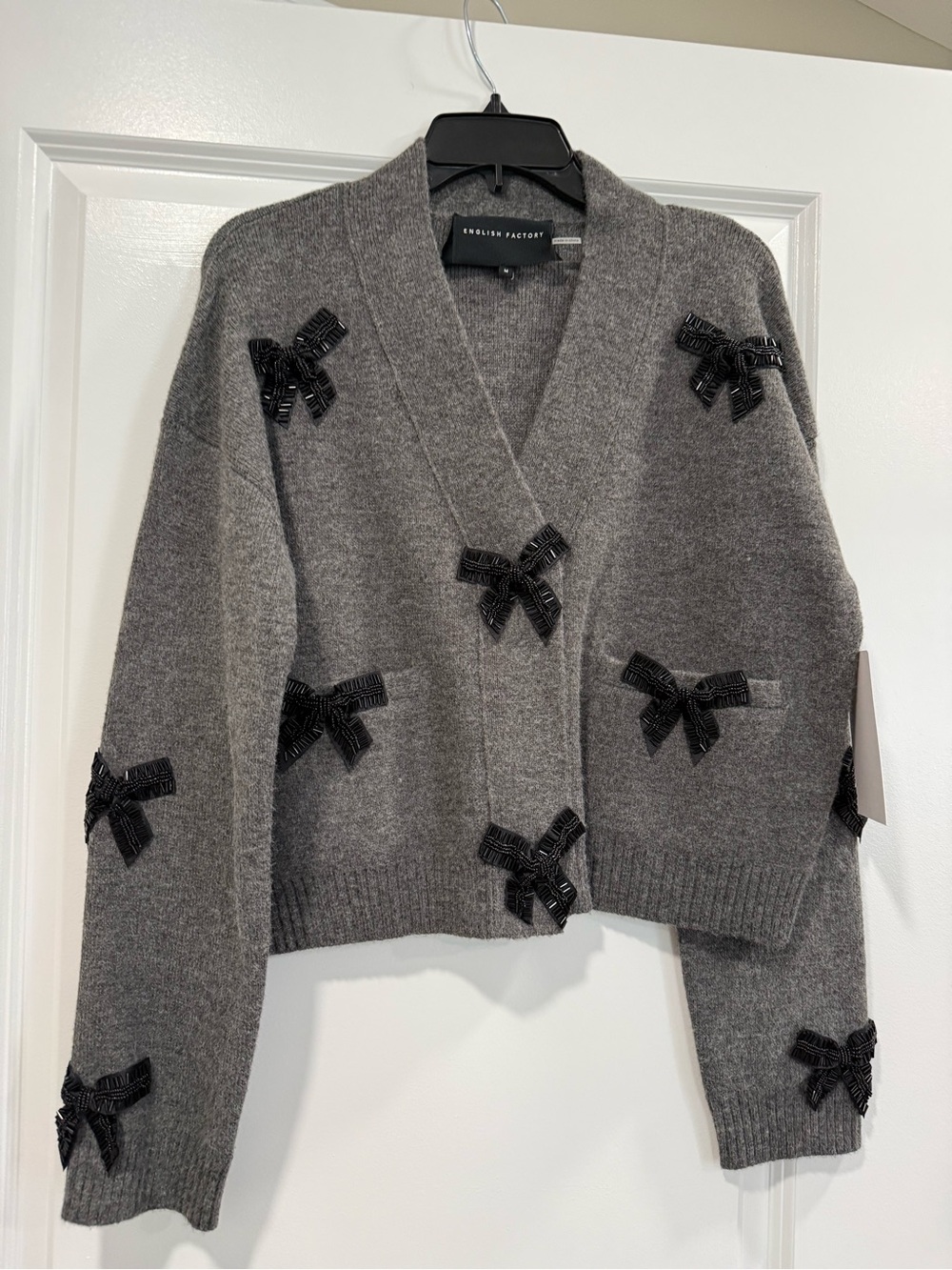 English Factory Gray Bow-Appliqué V-Neck Sweater